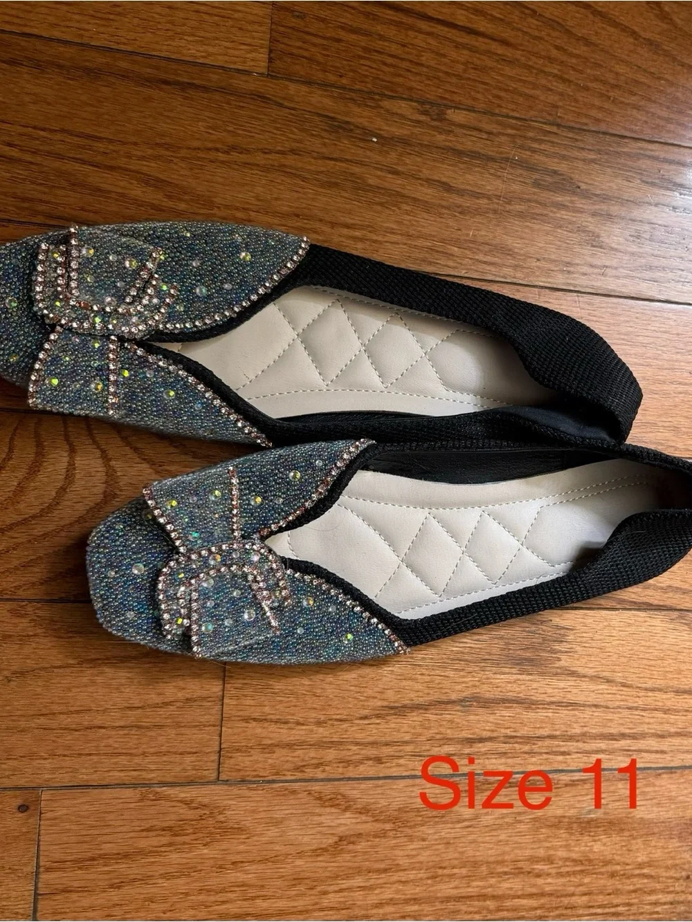 Amazon Black Slip-On Flats with Iridescent Crystal Bow